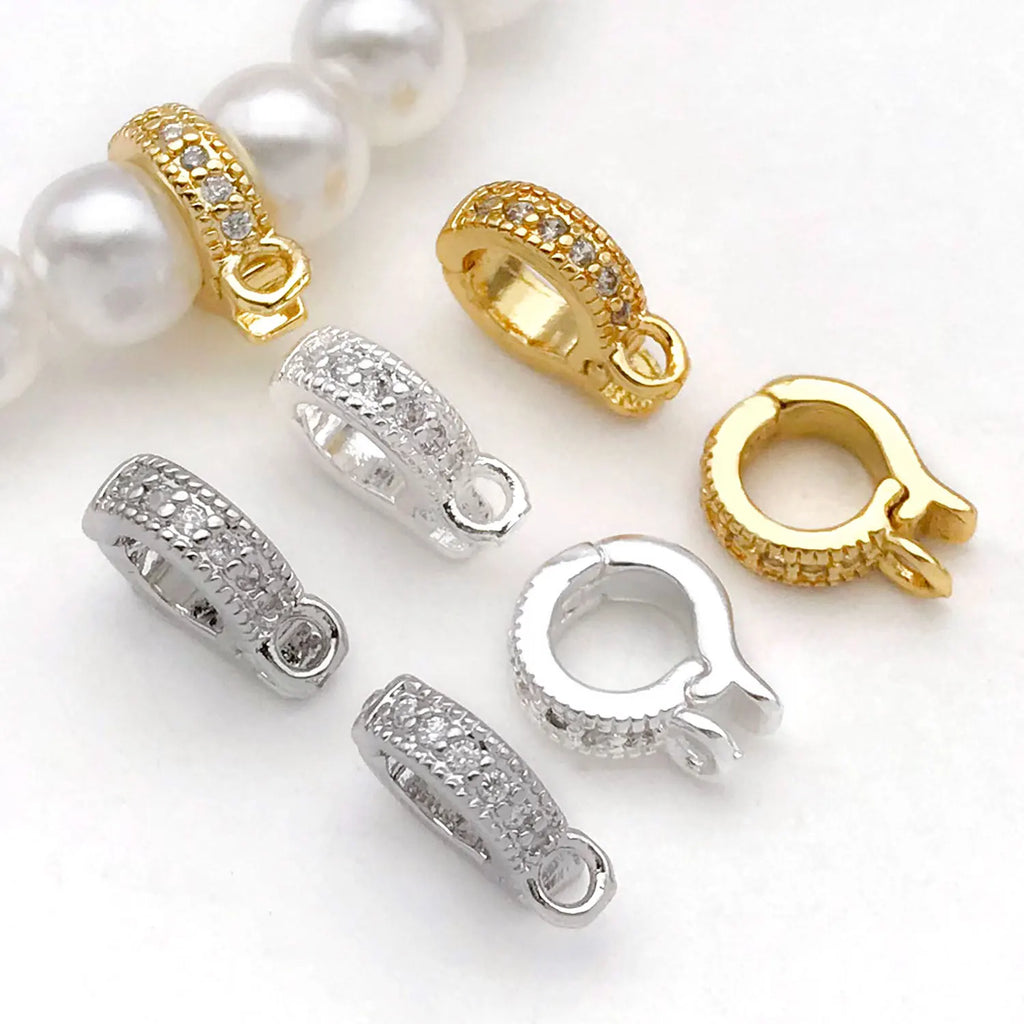 5pcs 18K Real Gold Plated Brass Inlay Zircon Hinged Charms Enhancer Bail Clasps, Melon Seed Buckle for DIY Jewelry Making