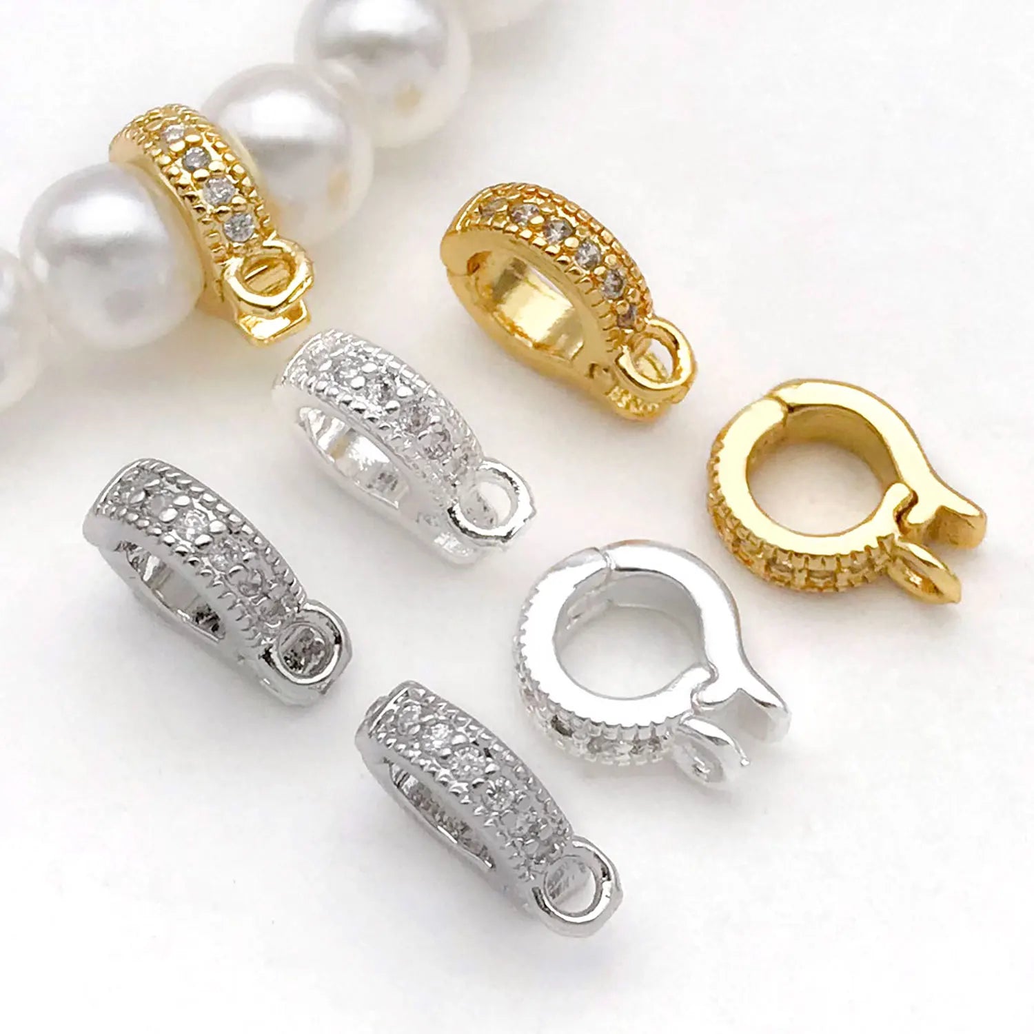 5pcs 18K Real Gold Plated Brass Inlay Zircon Hinged Charms Enhancer Bail Clasps, Melon Seed Buckle for DIY Jewelry Making