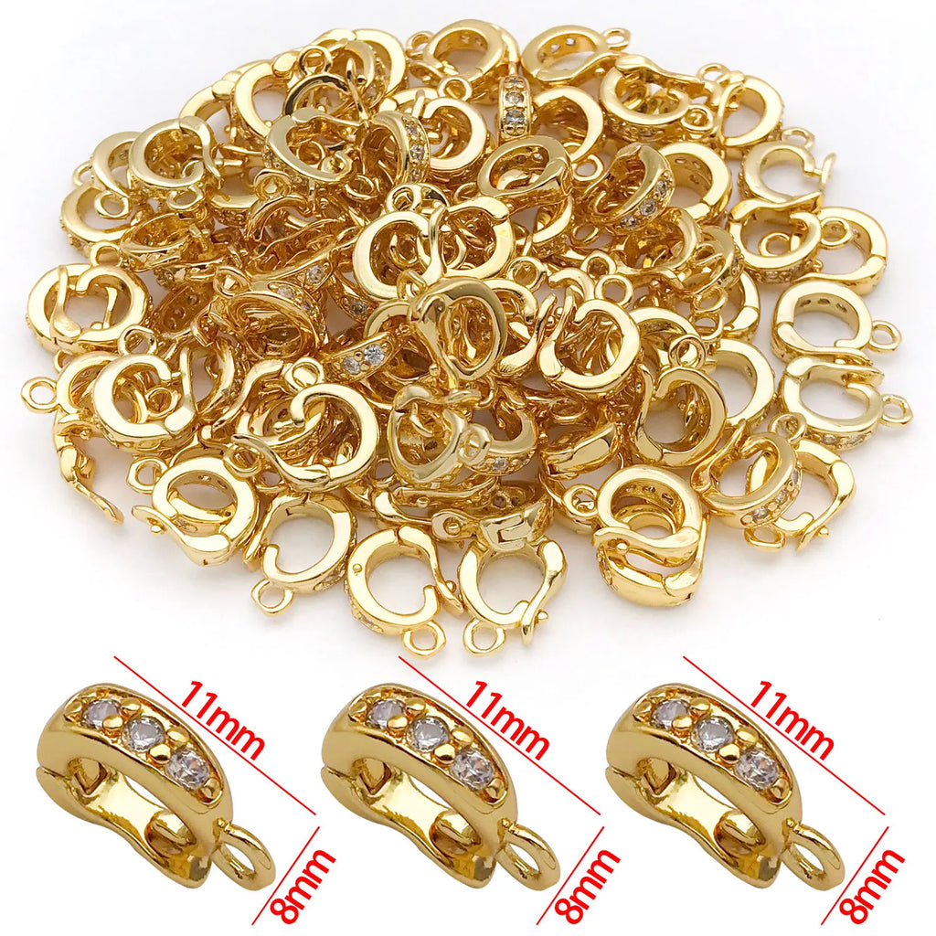 5pcs 18K Real Gold Plated Brass Inlay Zircon Hinged Charms Enhancer Bail Clasps, Melon Seed Buckle for DIY Jewelry Making