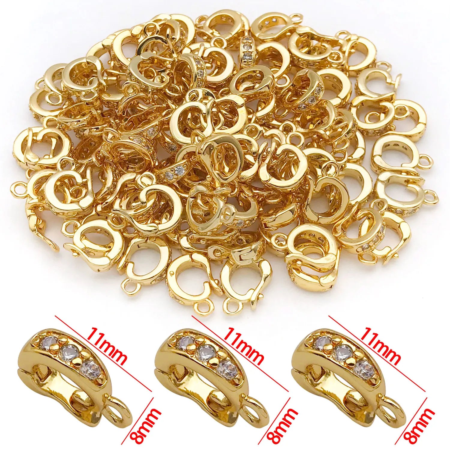 5pcs 18K Real Gold Plated Brass Inlay Zircon Hinged Charms Enhancer Bail Clasps, Melon Seed Buckle for DIY Jewelry Making