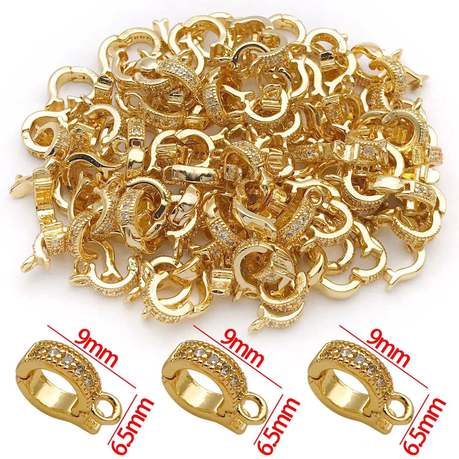 5pcs 18K Real Gold Plated Brass Inlay Zircon Hinged Charms Enhancer Bail Clasps, Melon Seed Buckle for DIY Jewelry Making
