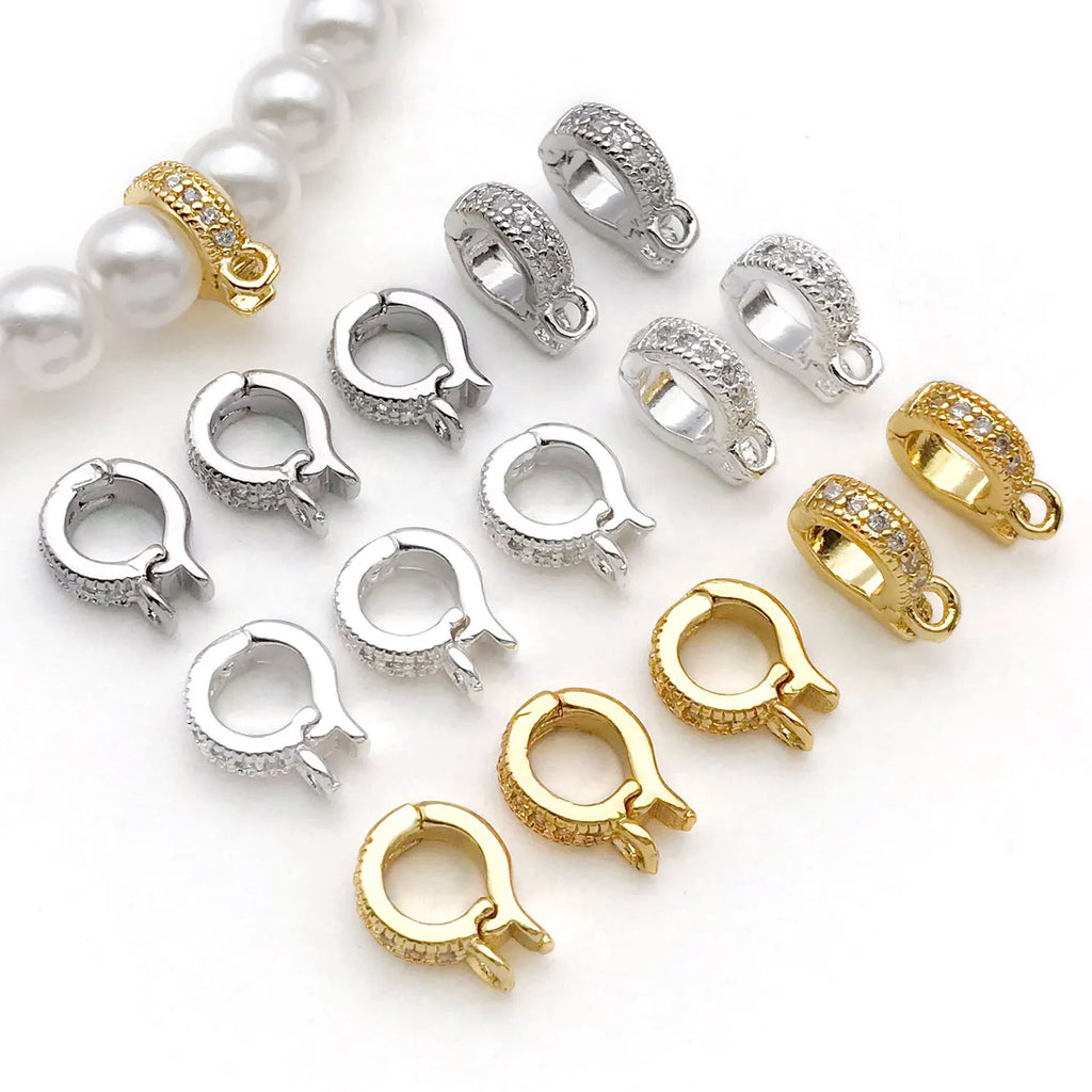 5pcs 18K Real Gold Plated Brass Inlay Zircon Hinged Charms Enhancer Bail Clasps, Melon Seed Buckle for DIY Jewelry Making